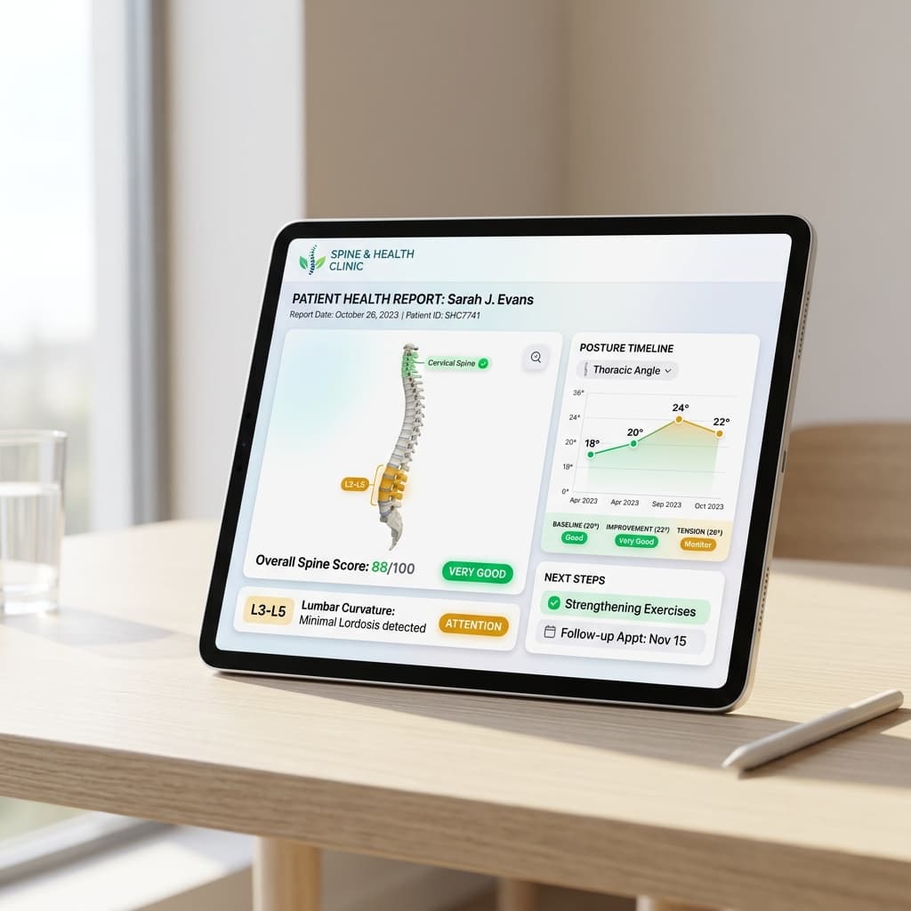 Clinic branded patient posture analysis report mockup displayed on tablet