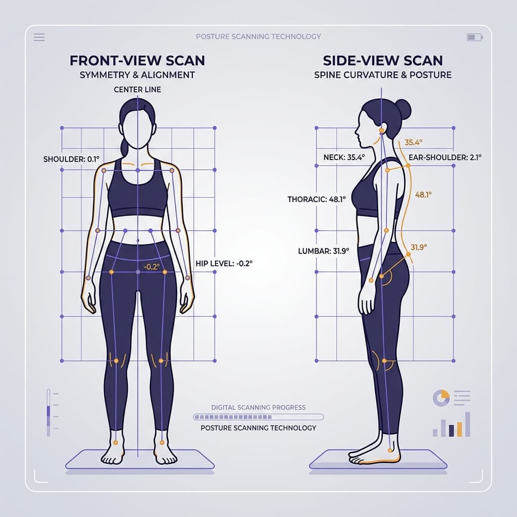 AI Posture Scan upload guide showing front and side alignment lines